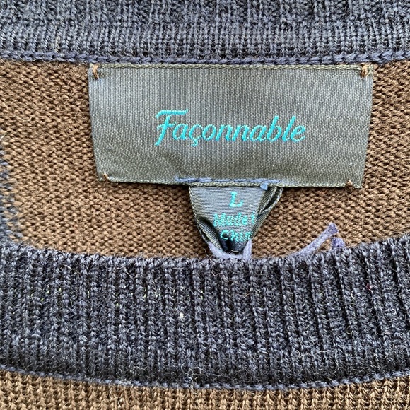 Faconnable Brown and Navy Blue Vertical Stripe Merino Wool Crewneck Sweater NWT - Picture 3 of 9